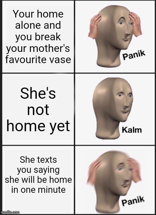 Panik Kalm Panik | Your home alone and you break your mother's favourite vase; She's not home yet; She texts you saying she will be home in one minute | image tagged in memes,panik kalm panik | made w/ Imgflip meme maker