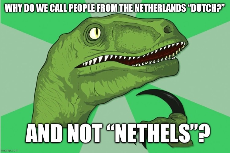 new philosoraptor | WHY DO WE CALL PEOPLE FROM THE NETHERLANDS “DUTCH?”; AND NOT “NETHELS”? | image tagged in new philosoraptor | made w/ Imgflip meme maker