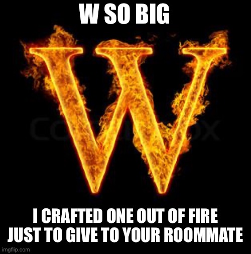 W SO BIG I CRAFTED ONE OUT OF FIRE JUST TO GIVE TO YOUR ROOMMATE | made w/ Imgflip meme maker