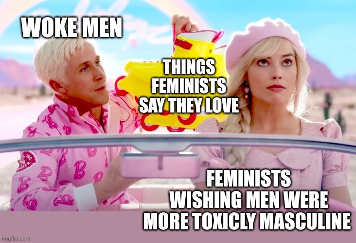 Barbie and Ken | THINGS FEMINISTS SAY THEY LOVE; WOKE MEN; FEMINISTS WISHING MEN WERE
MORE TOXICLY MASCULINE | image tagged in barbie and ken | made w/ Imgflip meme maker