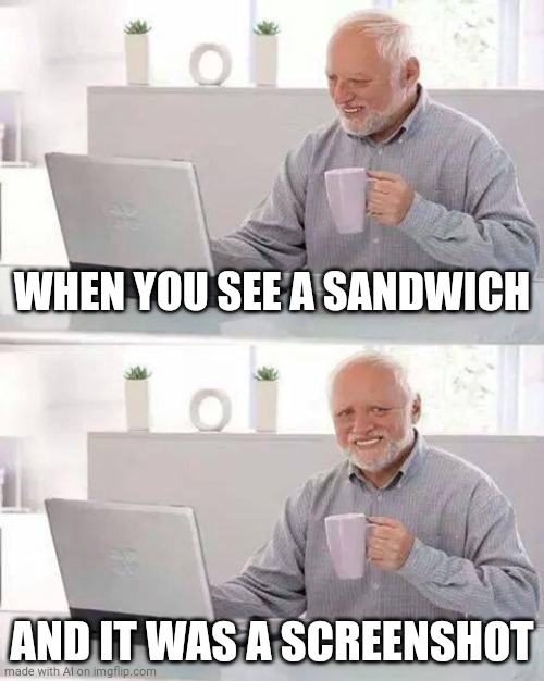 Posting AI-generated memes | WHEN YOU SEE A SANDWICH; AND IT WAS A SCREENSHOT | image tagged in memes,hide the pain harold | made w/ Imgflip meme maker