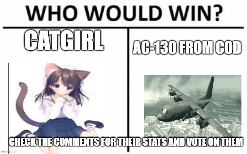 who would win be honest | CATGIRL; AC-130 FROM COD; CHECK THE COMMENTS FOR THEIR STATS AND VOTE ON THEM | image tagged in memes,who would win | made w/ Imgflip meme maker