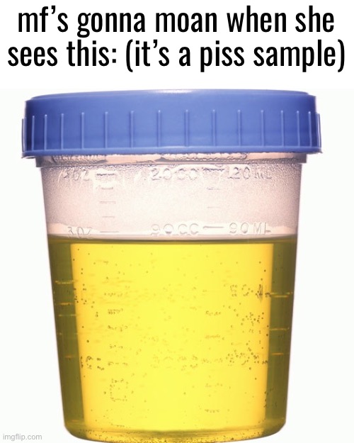 Urine sample | mf’s gonna moan when she sees this: (it’s a piss sample) | image tagged in urine sample | made w/ Imgflip meme maker
