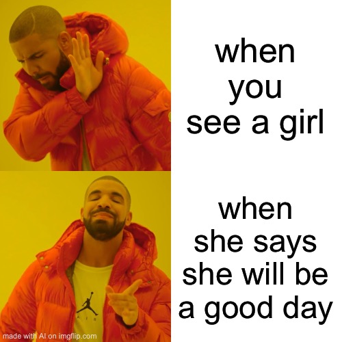 Drake Hotline Bling | when you see a girl; when she says she will be a good day | image tagged in memes,drake hotline bling | made w/ Imgflip meme maker