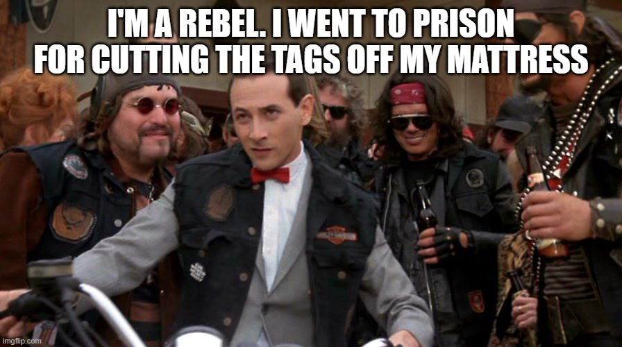 Pee Wee biker | I'M A REBEL. I WENT TO PRISON FOR CUTTING THE TAGS OFF MY MATTRESS | image tagged in pee wee biker | made w/ Imgflip meme maker