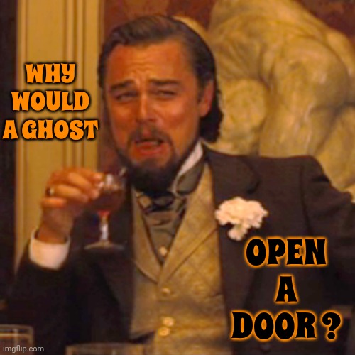 They Walk Through Walls But Doors Somehow Aren't Manageable? | WHY WOULD A GHOST; OPEN  A  DOOR ? | image tagged in memes,laughing leo,ghosts,things that make no sense,think about it,what the | made w/ Imgflip meme maker