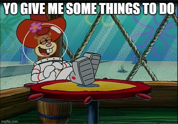 Sandy Cheeks | YO GIVE ME SOME THINGS TO DO | image tagged in sandy cheeks | made w/ Imgflip meme maker