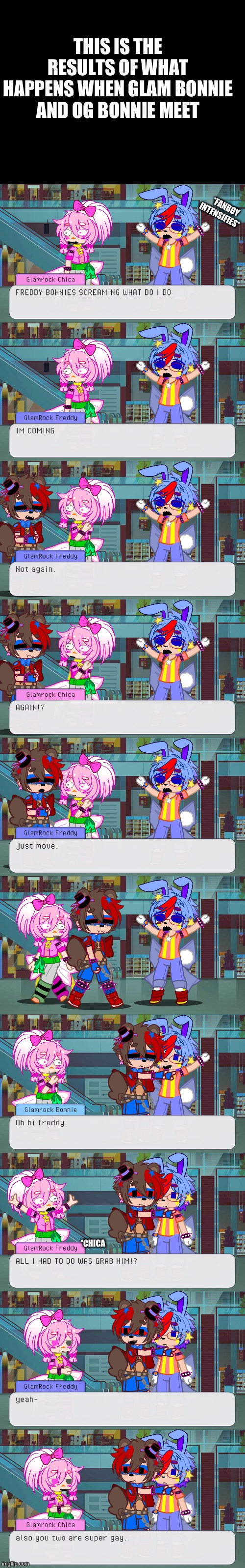 tis ship ahah | THIS IS THE RESULTS OF WHAT HAPPENS WHEN GLAM BONNIE AND OG BONNIE MEET; *FANBOY INTENSIFIES*; *CHICA | image tagged in comics | made w/ Imgflip meme maker