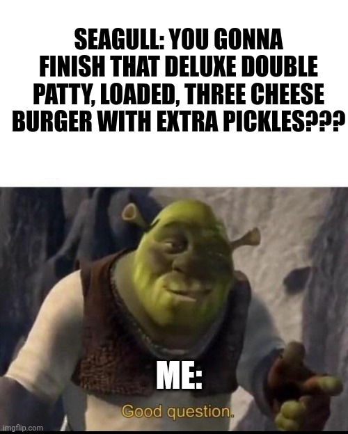 I like my burger plain... The seagull can have it. | SEAGULL: YOU GONNA FINISH THAT DELUXE DOUBLE PATTY, LOADED, THREE CHEESE BURGER WITH EXTRA PICKLES??? ME: | image tagged in shrek | made w/ Imgflip meme maker