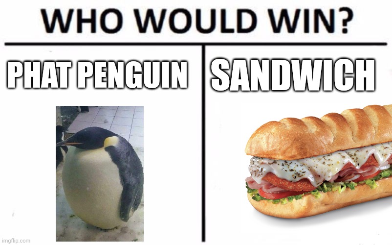 Phat penguin vs sandwich | PHAT PENGUIN; SANDWICH | image tagged in memes,who would win,food memes,jpfan102504 | made w/ Imgflip meme maker