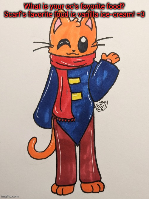 Scarf (redrawn by Gummy Axolotl) | What is your oc's favorite food? Scarf's favorite food is vanilla ice-cream! =3 | image tagged in scarf redrawn by gummy axolotl | made w/ Imgflip meme maker