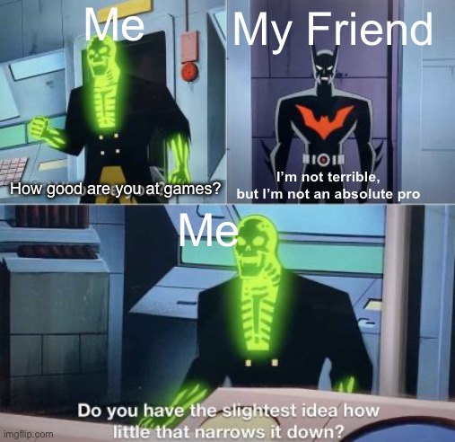 Stop being the Riddler | Me; My Friend; I’m not terrible, but I’m not an absolute pro; How good are you at games? Me | image tagged in do you have the slightest idea how little that narrows it down | made w/ Imgflip meme maker