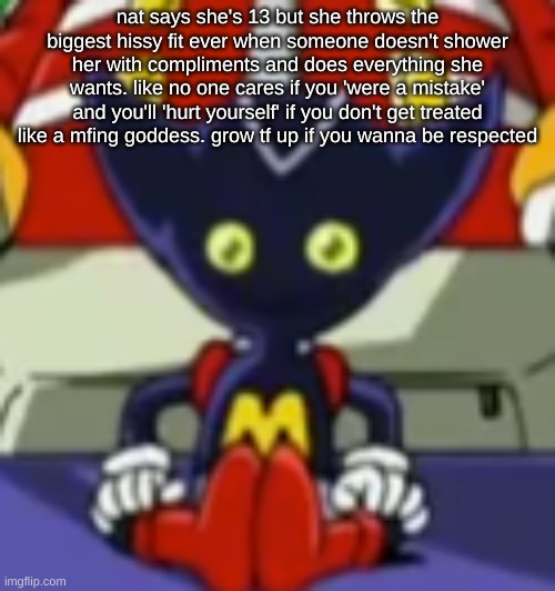 'MY ART IS BAD AND YOURS IS TOO PLEAD THAT I DONT HURT MYSELF BECAUSE I WASNT IN THE TOP 4 ARTISTS EVER!!' bitch stfu | nat says she's 13 but she throws the biggest hissy fit ever when someone doesn't shower her with compliments and does everything she wants. like no one cares if you 'were a mistake' and you'll 'hurt yourself' if you don't get treated like a mfing goddess. grow tf up if you wanna be respected | image tagged in bokkun sitting | made w/ Imgflip meme maker