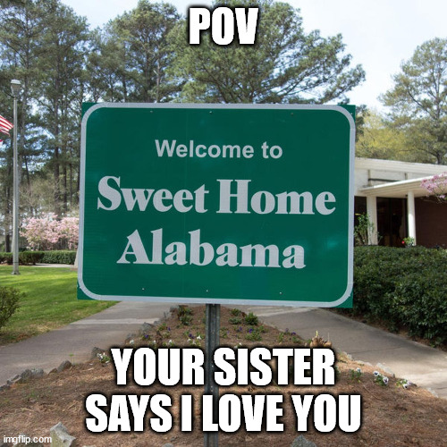 Welcome to sweet home Alabama | POV; YOUR SISTER SAYS I LOVE YOU | image tagged in welcome to sweet home alabama | made w/ Imgflip meme maker