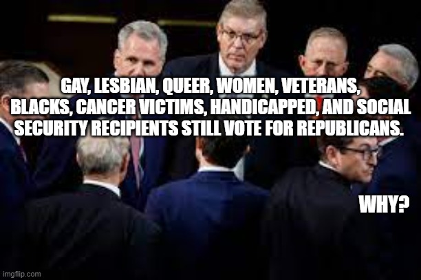 Ultra MAGA Republicans | GAY, LESBIAN, QUEER, WOMEN, VETERANS, BLACKS, CANCER VICTIMS, HANDICAPPED, AND SOCIAL SECURITY RECIPIENTS STILL VOTE FOR REPUBLICANS. WHY? | image tagged in maga,republicans,maga republicans,anti american,traitors | made w/ Imgflip meme maker