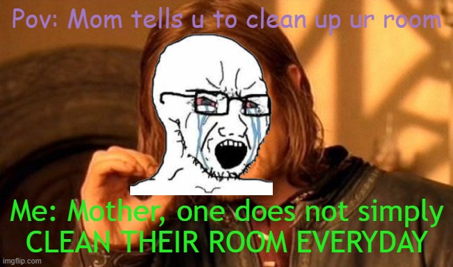 Idk.... | Pov: Mom tells u to clean up ur room; Me: Mother, one does not simply
CLEAN THEIR ROOM EVERYDAY | image tagged in memes,one does not simply | made w/ Imgflip meme maker