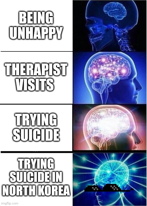 Suicide 《Don't actually do it you're awesome 》 | BEING UNHAPPY; THERAPIST VISITS; TRYING SUICIDE; TRYING SUICIDE IN NORTH KOREA | image tagged in memes,expanding brain,depression,north korea | made w/ Imgflip meme maker