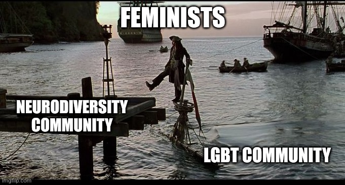 Jack Sparrow Sinking ship | FEMINISTS; NEURODIVERSITY COMMUNITY; LGBT COMMUNITY | image tagged in jack sparrow sinking ship | made w/ Imgflip meme maker