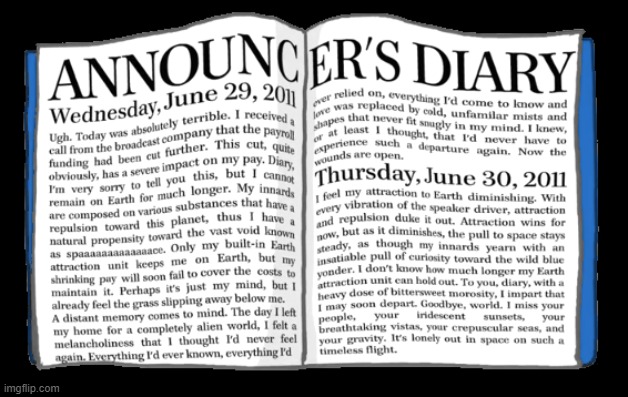 Announcer's diary leaked! I'm a heartless loser! | made w/ Imgflip meme maker