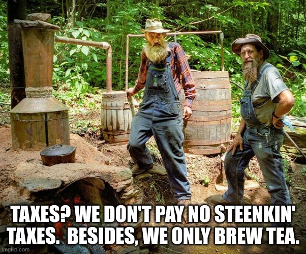 moonshine | TAXES? WE DON'T PAY NO STEENKIN' TAXES.  BESIDES, WE ONLY BREW TEA. | image tagged in moonshine taxes | made w/ Imgflip meme maker