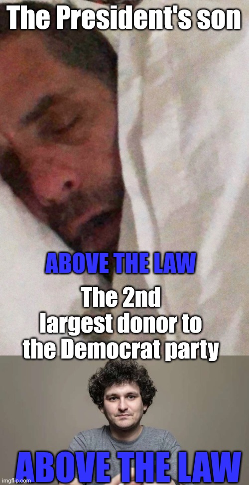 If you are connected to the Democrats, you are above the law. | The President's son; ABOVE THE LAW; The 2nd largest donor to the Democrat party; ABOVE THE LAW | image tagged in hunter biden cracker pipe,sam bankman fried ftx crook,joe biden | made w/ Imgflip meme maker