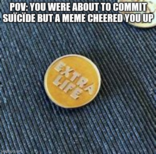Good save | POV: YOU WERE ABOUT TO COMMIT SUÏCÏDE BUT A MEME CHEERED YOU UP | image tagged in extra life coin,memes,saved,phew | made w/ Imgflip meme maker
