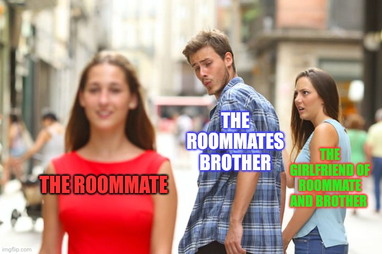 It's best kept in the family | THE ROOMMATES BROTHER; THE GIRLFRIEND OF ROOMMATE AND BROTHER; THE ROOMMATE | image tagged in memes,distracted boyfriend | made w/ Imgflip meme maker