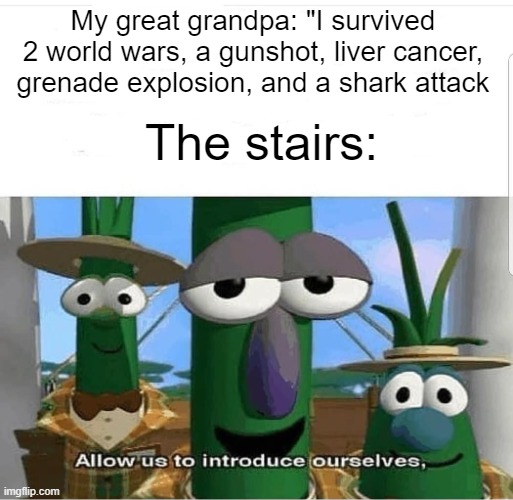 Allow us to introduce ourselves | My great grandpa: "I survived 2 world wars, a gunshot, liver cancer, grenade explosion, and a shark attack; The stairs: | image tagged in allow us to introduce ourselves | made w/ Imgflip meme maker