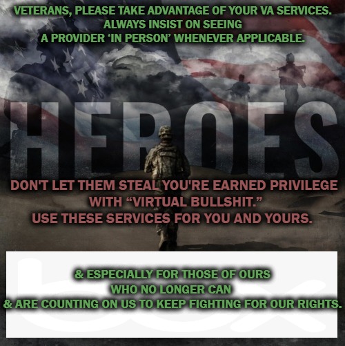 DON'T LET THEM STEAL IT | VETERANS, PLEASE TAKE ADVANTAGE OF YOUR VA SERVICES.
ALWAYS INSIST ON SEEING A PROVIDER ‘IN PERSON’ WHENEVER APPLICABLE. DON'T LET THEM STEAL YOU'RE EARNED PRIVILEGE
 WITH “VIRTUAL BULLSHIT.”
USE THESE SERVICES FOR YOU AND YOURS. & ESPECIALLY FOR THOSE OF OURS WHO NO LONGER CAN 
& ARE COUNTING ON US TO KEEP FIGHTING FOR OUR RIGHTS. | image tagged in quotes | made w/ Imgflip meme maker