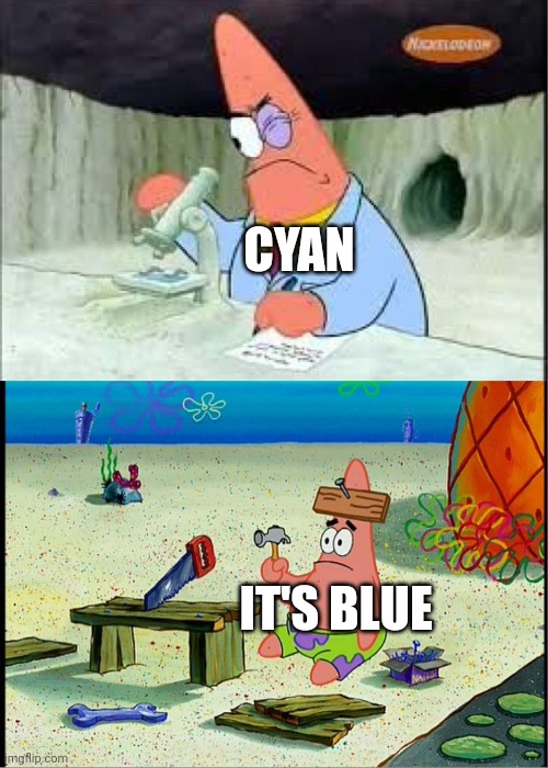 It's blue | CYAN; IT'S BLUE | image tagged in patrick smart dumb | made w/ Imgflip meme maker
