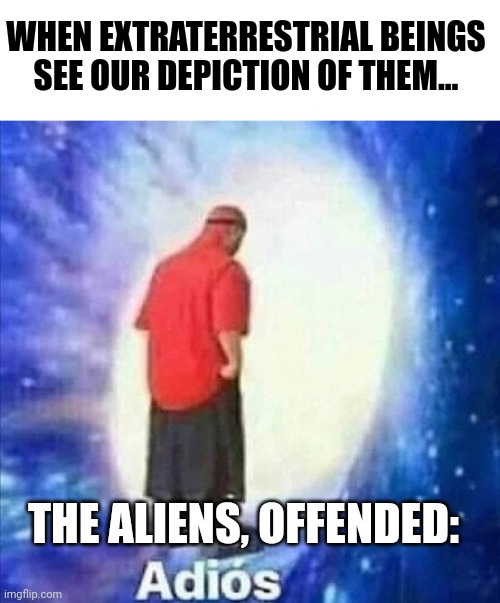 We offended the extraterrestrial beings | WHEN EXTRATERRESTRIAL BEINGS SEE OUR DEPICTION OF THEM... THE ALIENS, OFFENDED: | image tagged in adios | made w/ Imgflip meme maker