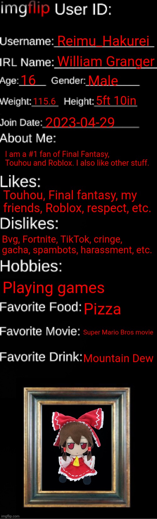 imgflip ID Card | Reimu_Hakurei; William Granger; 16; Male; 5ft 10in; 115.6; 2023-04-29; I am a #1 fan of Final Fantasy, Touhou and Roblox. I also like other stuff. Touhou, Final fantasy, my friends, Roblox, respect, etc. Bvg, Fortnite, TikTok, cringe, gacha, spambots, harassment, etc. Playing games; Pizza; Super Mario Bros movie; Mountain Dew | image tagged in imgflip id card | made w/ Imgflip meme maker