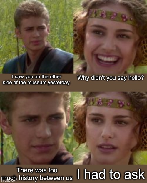 History | I saw you on the other side of the museum yesterday. Why didn't you say hello? I had to ask; There was too much history between us | image tagged in anakin padme 4 panel revised,history,museum,hello | made w/ Imgflip meme maker