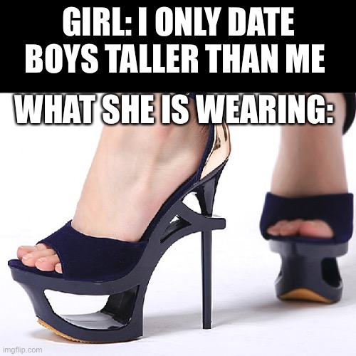 True | GIRL: I ONLY DATE BOYS TALLER THAN ME; WHAT SHE IS WEARING: | image tagged in high heels,girl,too damn high | made w/ Imgflip meme maker