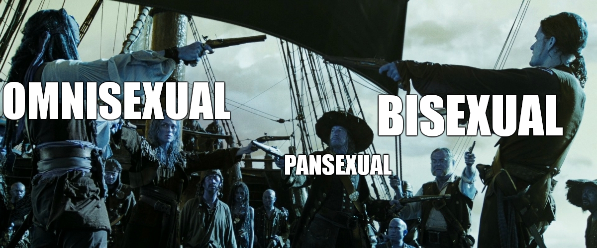 I know they arent all the same but i couldnt resist to make this meme | OMNISEXUAL; BISEXUAL; PANSEXUAL | image tagged in pirates of the caribbean gun pointing,lgbtq,funny,meme | made w/ Imgflip meme maker