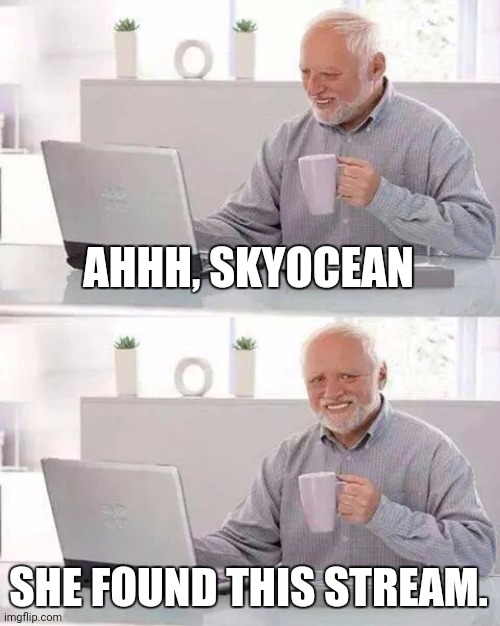 Discuss SkyOcean here | AHHH, SKYOCEAN; SHE FOUND THIS STREAM. | image tagged in memes,hide the pain harold | made w/ Imgflip meme maker