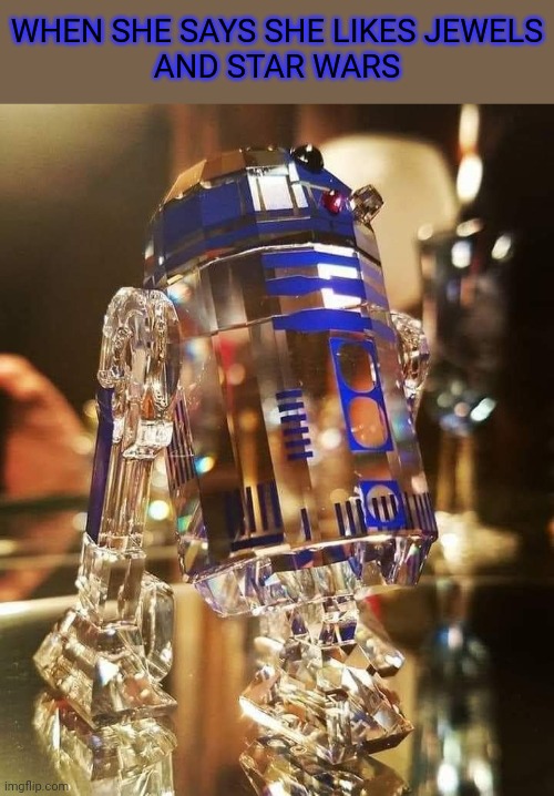 R2 IS A JEWEL | WHEN SHE SAYS SHE LIKES JEWELS
AND STAR WARS | image tagged in r2d2,star wars,star wars meme | made w/ Imgflip meme maker