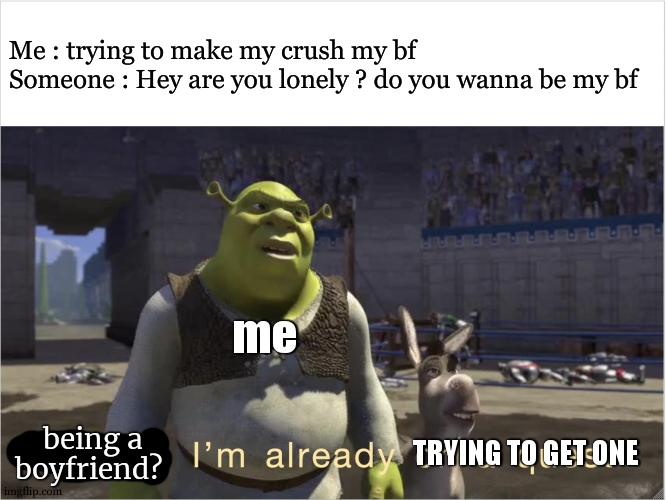 remake of one of my meme | Me : trying to make my crush my bf
Someone : Hey are you lonely ? do you wanna be my bf; me; being a boyfriend? TRYING TO GET ONE | image tagged in quest i'm already on a quest,meme,gay,funny,boyfriend | made w/ Imgflip meme maker