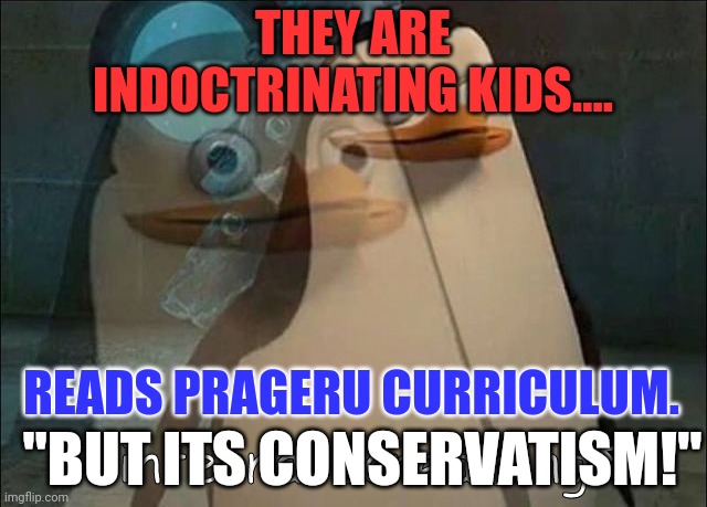But its our indoctrination docs!  At least we tell we are doing it. | THEY ARE INDOCTRINATING KIDS.... READS PRAGERU CURRICULUM. "BUT ITS CONSERVATISM!" | image tagged in private internal screaming | made w/ Imgflip meme maker