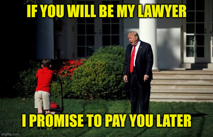 How to scream you're desperate with out admitting you're desperate | IF YOU WILL BE MY LAWYER; I PROMISE TO PAY YOU LATER | image tagged in trump lawn mower | made w/ Imgflip meme maker