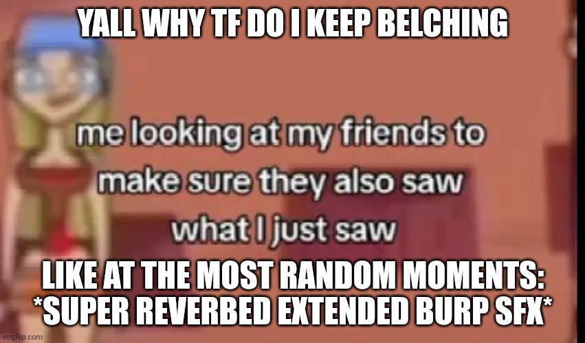 BRO WHYYY | YALL WHY TF DO I KEEP BELCHING; LIKE AT THE MOST RANDOM MOMENTS: *SUPER REVERBED EXTENDED BURP SFX* | made w/ Imgflip meme maker