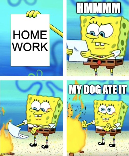 Spongebob Burning Paper | HMMMM; HOME WORK; MY DOG ATE IT | image tagged in spongebob burning paper | made w/ Imgflip meme maker