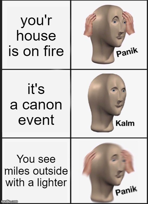 Panik Kalm Panik | you'r house is on fire; it's a canon event; You see miles outside with a lighter | image tagged in memes,panik kalm panik | made w/ Imgflip meme maker