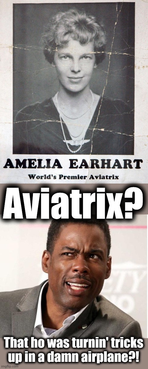 May people crack jokes about me decades after I'm gone! | Aviatrix? That ho was turnin' tricks
up in a damn airplane?! | image tagged in chris rock wut,aviatrix,amelia earhart,tricks | made w/ Imgflip meme maker