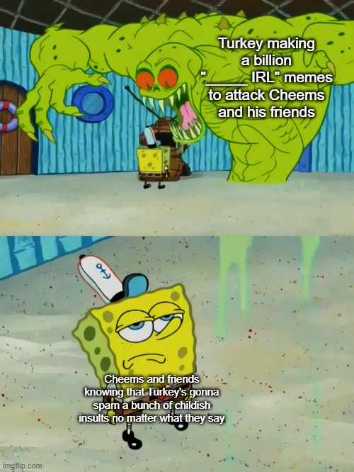If only the site mods could do something about this. | Turkey making a billion "_____ IRL" memes to attack Cheems and his friends; Cheems and friends knowing that Turkey's gonna spam a bunch of childish insults no matter what they say | image tagged in spongebob vs the flying dutchman,turkey gaming sucks | made w/ Imgflip meme maker