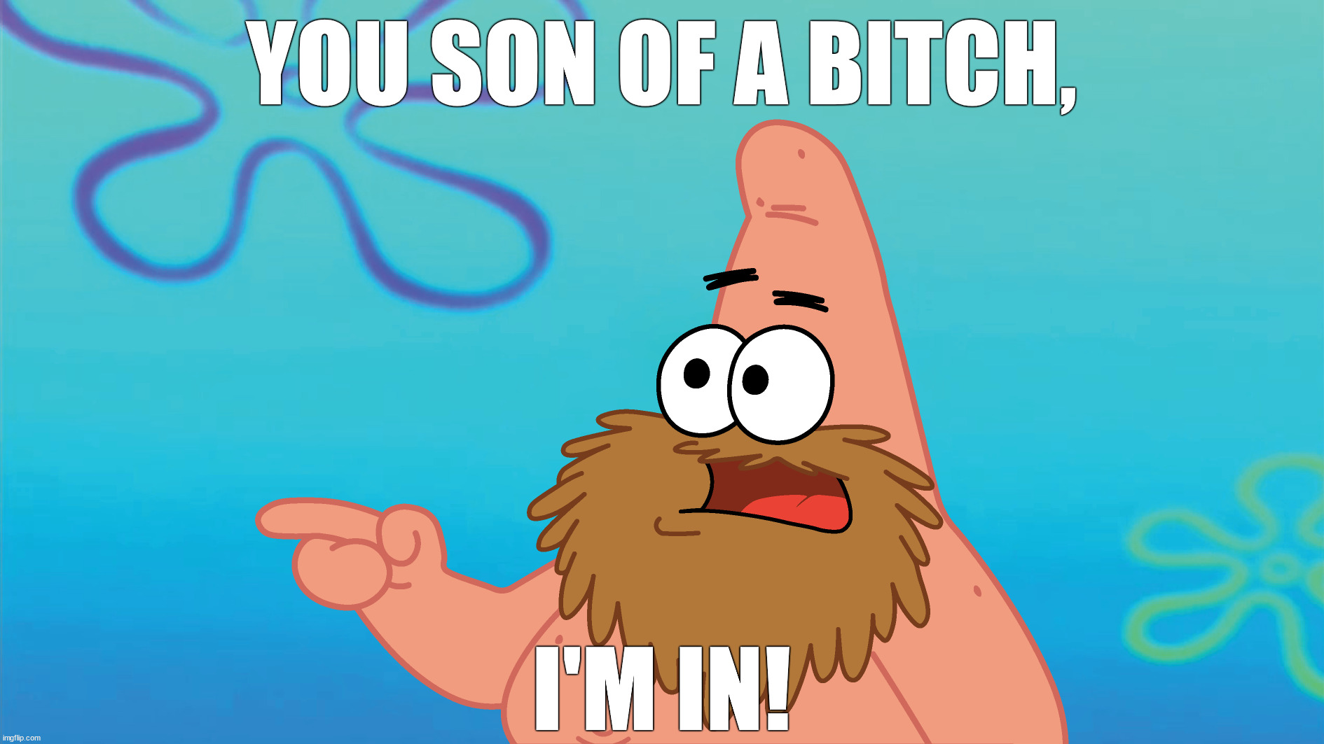Patrick Star with Beard | YOU SON OF A BITCH, I'M IN! | image tagged in spongebob,patrick star,beard,statement,bikini bottom | made w/ Imgflip meme maker