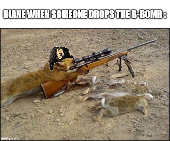 Diane. | DIANE WHEN SOMEONE DROPS THE B-BOMB : | image tagged in fox with rifle | made w/ Imgflip meme maker