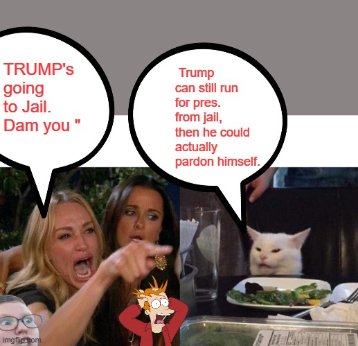 LIBrat/DEMrat heads imploding again.. | TRUMP's going to Jail. Dam you "; Trump can still run for pres. from jail, then he could actually pardon himself. | image tagged in woman yelling at cat,democrats,nwo,psychopaths and serial killers | made w/ Imgflip meme maker