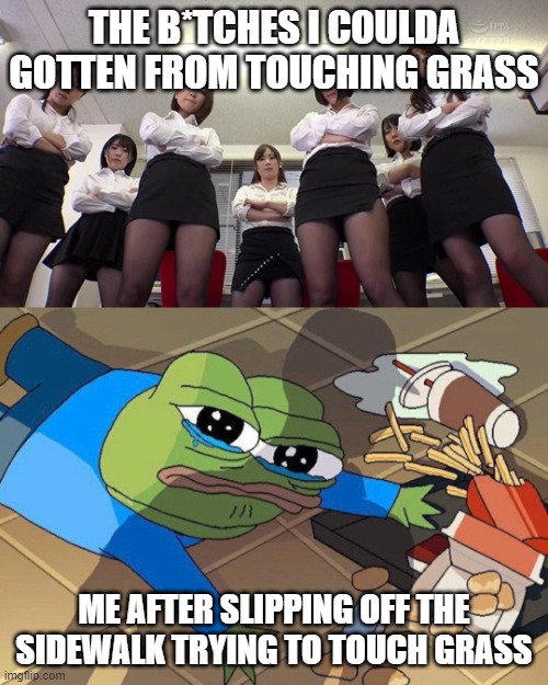 Pepe falls | THE B*TCHES I COULDA GOTTEN FROM TOUCHING GRASS; ME AFTER SLIPPING OFF THE SIDEWALK TRYING TO TOUCH GRASS | image tagged in pepe falls | made w/ Imgflip meme maker