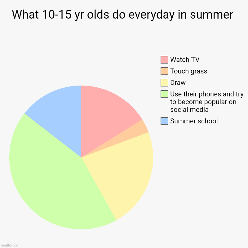 What 10-15 yr olds do in summer | What 10-15 yr olds do everyday in summer | Summer school, Use their phones and try to become popular on social media, Draw, Touch grass, Wat | image tagged in charts,pie charts | made w/ Imgflip chart maker